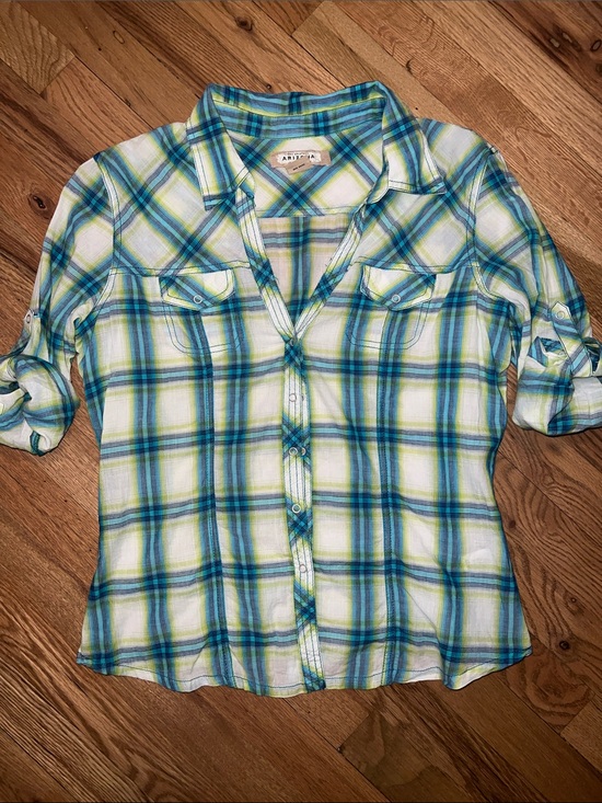 Arizona Jean Company Tops - Arizona Jean Company Teal & Lime Plaid Button-Up Shirt Size Large